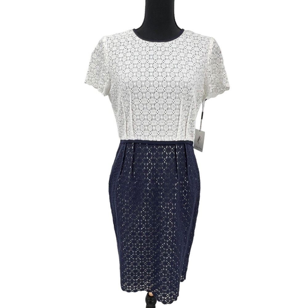 New Calvin Klein Navy White Sheath Crochet‎ Lace Overlay Dress  Sz 6